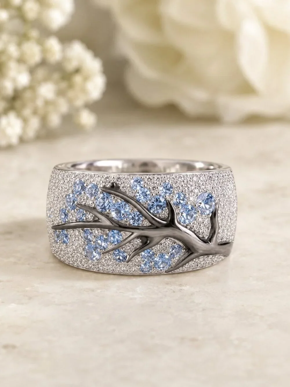 Silver Plum Tree Branch Blue Crystal Statement Ring Micro Pave Sz 10 NWT
